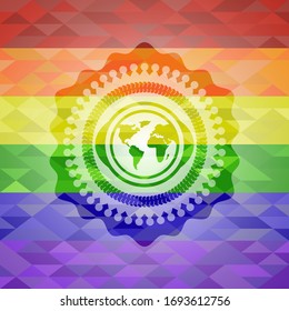 earth icon on mosaic background with the colors of the LGBT flag