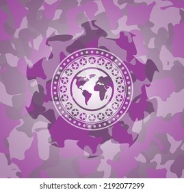 Earth Icon On Pink Camouflaged Texture. 