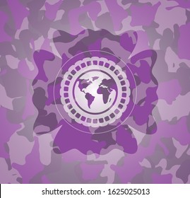 earth icon on pink and purple camo texture