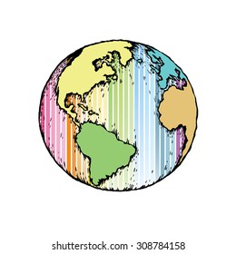 Earth icon on white background. Colorful world. Colors of the rainbow. Globe icon in doodles style.