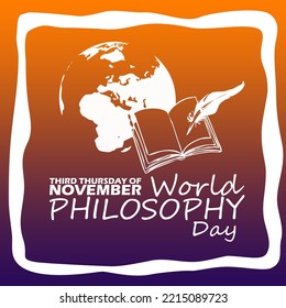 Earth icon with an open book and a feather in frame on gradient background to commemorate World Philosophy Day on Third Thursday of November