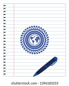 earth icon pen strokes emblem. Blue ink. Vector Illustration. Detailed.