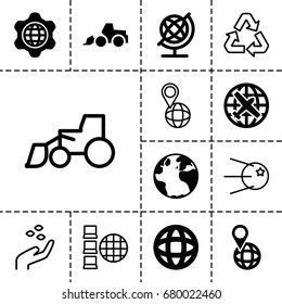 Earth icon. set of 13 filled and outline earth icons such as globe, plane, excavator, pin on globe, globe in gear, hand with seeds, recycle, core