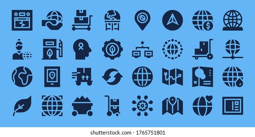 earth icon set. 32 filled earth icons. on blue background style Simple modern icons such as: Earthquake, News reporter, World, Green energy, Eco fuel, Gps, Globe, Trolley, Hope