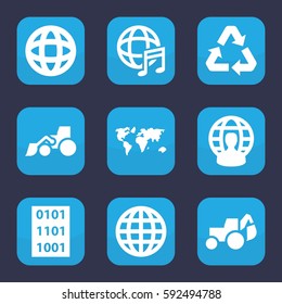 earth icon. Set of 9 filled earth icons such as excavator, international music, recycle, user globe, globe, binary code