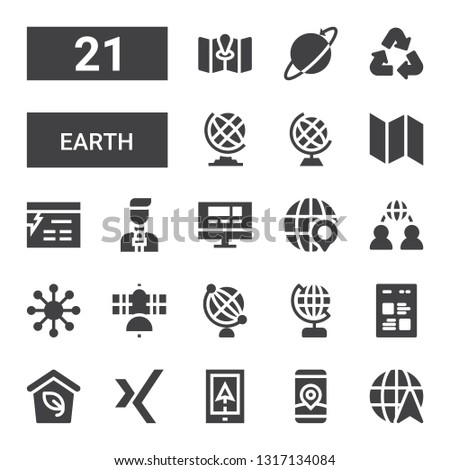 earth icon set. Collection of 21 filled earth icons included Globe, Gps, Navigation, Xing, Eco, Web, Earth globe, Satellite, Network, Website, News reporter, Map, Recycle, Worldwide