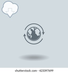 Earth icon with shadow. Cloud of download with arrow.