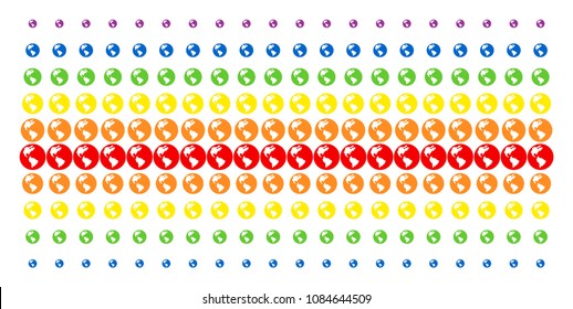 Earth icon spectrum halftone pattern. Vector objects arranged into halftone grid with vertical spectral gradient. Constructed for backgrounds, covers, templates and abstract effects.