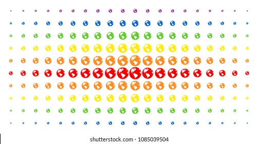 Earth icon spectrum halftone pattern. Vector earth pictograms are organized into halftone matrix with vertical spectral gradient. Designed for backgrounds, covers, templates and abstract compositions.