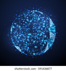 Earth icon technology image.Point and curve constructed the sphere.Globe connection.In technological sense abstract illustration.For web site,app,poster,placard,wallpaper and print presentation