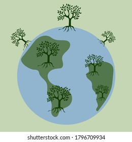 Earth icon with trees. Save the planet illustration. Earth day every day. International Earth Day. Save the planet concept. Template poster, banner, postcard.Vector illustration.Save the forest.