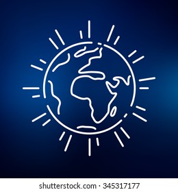 Earth icon. World sign. Planet symbol. Thin line icon on blue background. Vector illustration.