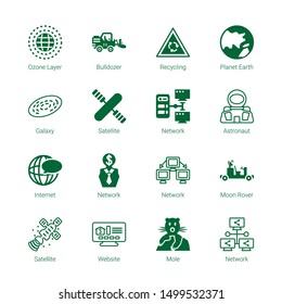 earth icons. Editable 16 earth icons. Included icons such as Ozone layer, Bulldozer, Recycling, Planet earth, Galaxy, Satellite, Network, Astronaut. trendy icons for web.