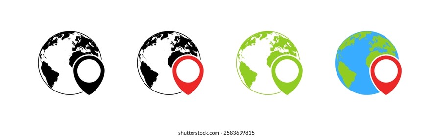 Earth icons. Map point icons. Flat and silhouette style. Vector icons.