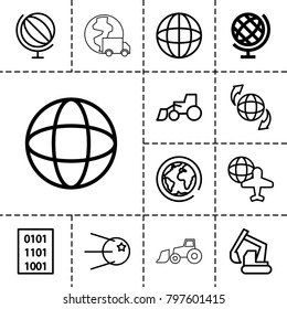 Earth icons. set of 13 editable outline earth icons such as globe, excavator, core, planet, globe and plane, qround the globe, binary code