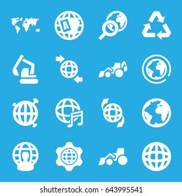 Earth icons set. set of 16 earth filled icons such as globe, excavator, qround the globe, international music, recycle, planet