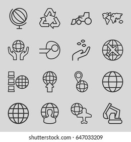 Earth icons set. set of 16 earth outline icons such as plane, hand with seeds, excavator, globe and plane, pin on globe, recycle, world map, core