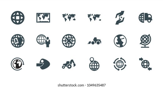 Earth icons. set of 18 editable filled earth icons: plane, globe, excavator, international delivery, world map, around the globe, hand with seeds, core