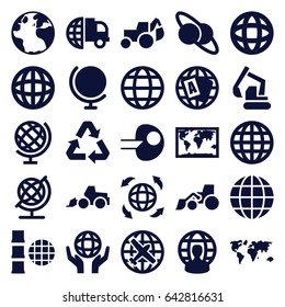Earth icons set. set of 25 earth filled icons such as globe, plane, excavator, holding globe, recycle, user globe, planet and satellite, core, world map