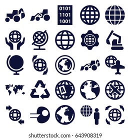Earth icons set. set of 25 earth filled icons such as globe, plane, excavator, globe and plane, recycle, binary code, planet, core