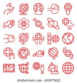 Earth icons set. set of 25 earth outline icons such as hand with seeds, globe, excavator, globe and plane, international music, world map, planet and satellite, core, planet