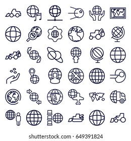 Earth icons set. set of 36 earth outline icons such as globe, plane, hand with seeds, excavator, globe and plane, international music, international delivery, world map