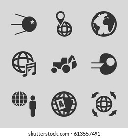 Earth icons set. set of 9 earth filled icons such as globe, excavator, pin on globe, international music, globe and man, planet