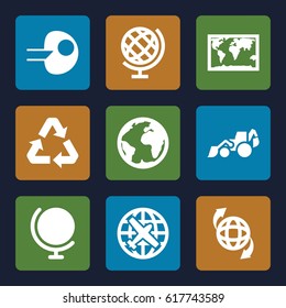 Earth icons set. set of 9 earth filled icons such as plane, excavator, qround the globe, recycle, globe, planet, core
