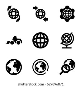 Earth icons set. set of 9 earth filled icons such as globe, excavator, qround the globe