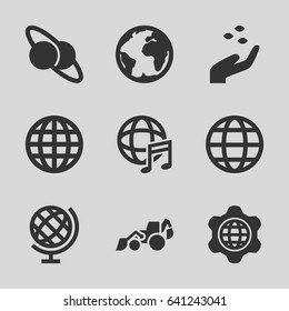 Earth icons set. set of 9 earth filled icons such as hand with seeds, excavator, international music, globe in gear, globe, planet