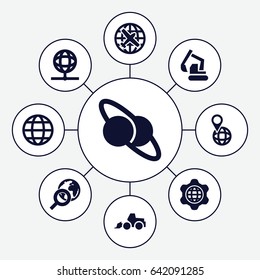 Earth icons set. set of 9 earth filled icons such as plane, excavator, pin on globe, globe in gear