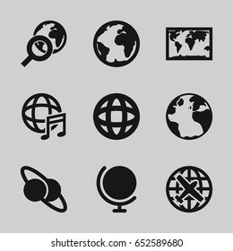 Earth icons set. set of 9 earth filled icons such as globe, plane, international music, globe search, planet, planet and satellite