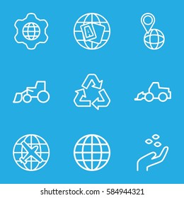 earth icons set. Set of 9 earth outline icons such as plane, hand with seeds, globe, excavator, pin on globe, recycle