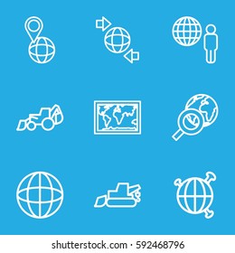 earth icons set. Set of 9 earth outline icons such as excavator, qround the globe, pin on globe