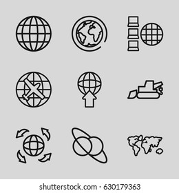 Earth icons set. set of 9 earth outline icons such as plane, excavator, globe, world map, planet and satellite, planet, globe download