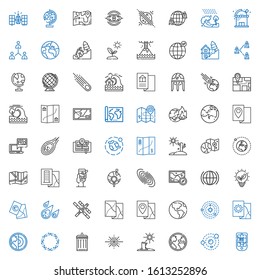 earth icons set. Collection of earth with gps, solar system, globe, drought, big bang, garbage, asteroid, map, earth globe, space station, meteorite. Editable and scalable icons.