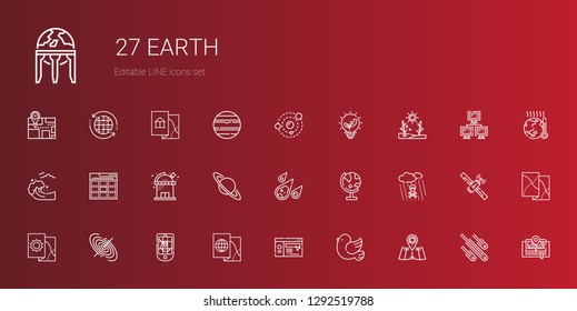 earth icons set. Collection of earth with map, pigeon, website, gps, black hole, acid rain, globe, meteorite, saturn, observatory, web, tsunami. Editable and scalable earth icons.