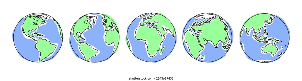 Juego de iconos de la Tierra. El globo terrestre con los contornos de los continentes desde diferentes lados