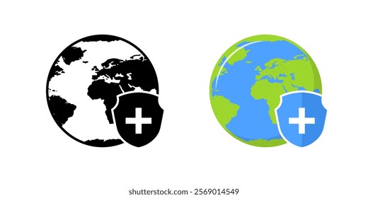 Earth icons. Shield icons. Silhouette and flat style. Vector icons.