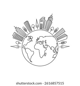 Earth illustration with buildings and trees