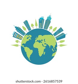 Earth illustration with buildings and trees