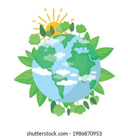 Earth Illustration. Ecology and Green Energy Concept. Clean Energy. Save The Planet. Sun trees and fresh leaves. World Earth Planet Illustration. Go green. Save the Nature. Environment Day. Earth Day.