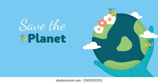 Earth illustration, hand holding planet to save the world, Save the planet, World Environment Day, Love our nature