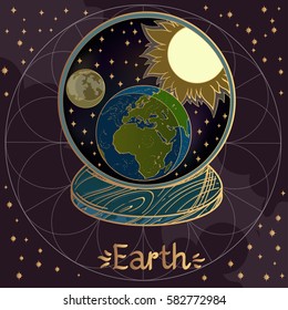 Earth. Illustration on the background of a starry sky. The planet of the solar system in a glass bowl on a stand. Illustration for design on the astrology, astronomy, spirituality.