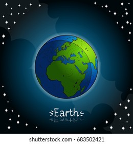 Earth. Illustration on the background of a starry sky. The planet of the solar system in a glass bowl on a stand. Illustration for design on the astrology, astronomy, spirituality.