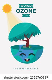 Ilustración de la Tierra con árboles que cubren la tierra y bloquean la luz solar, ilustración del Día Mundial del Ozono.