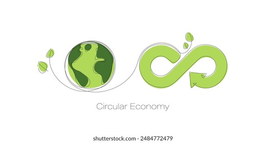 Earth and infinite loop symbol Circular economy concept. Continuous line art drawing. Ecology and Environment concept. Line art vector illustration.