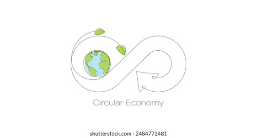 Earth in infinite loop symbol Circular economy concept. Continuous line art drawing. Ecology and Environment concept. Line art vector illustration.