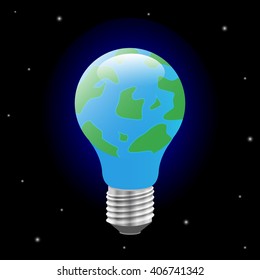 Earth inside a bulb. Land inside the bulb on the background of the cosmos. Land inside the bulb symbol. Vector illustration