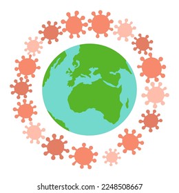 Erde im Kreis der Viruspartikel, Vektorgrafik. Zeichnen von gefährlichen Krankheiten bedrohenden Planeten oder Welt auf weißem Hintergrund. Coronavirus, Gesundheit, Gefahr, Schutzkonzept